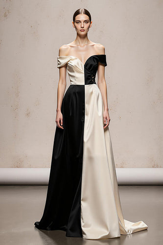 Black and White Satin Off the Shoulder Patchwork Long Formal Dress
