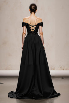 Black and White Satin Off the Shoulder Patchwork Long Formal Dress
