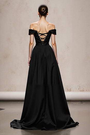 Black and White Satin Off the Shoulder Patchwork Long Formal Dress