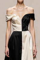 Load image into Gallery viewer, Black and White Satin Off the Shoulder Patchwork Long Formal Dress