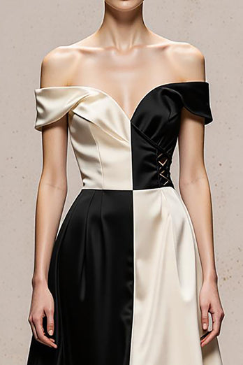 Black and White Satin Off the Shoulder Patchwork Long Formal Dress