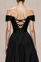 Load image into Gallery viewer, Black and White Satin Off the Shoulder Patchwork Long Formal Dress