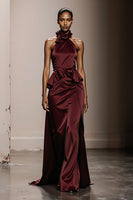 Load image into Gallery viewer, Simple Burgundy Satin Halter Neck Long Formal Dress with Ruffles