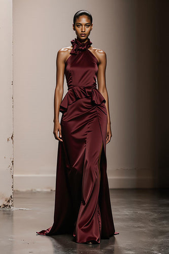 Simple Burgundy Satin Halter Neck Long Formal Dress with Ruffles