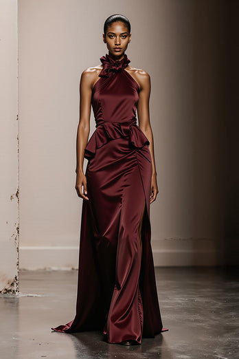 Simple Burgundy Satin Halter Neck Long Formal Dress with Ruffles