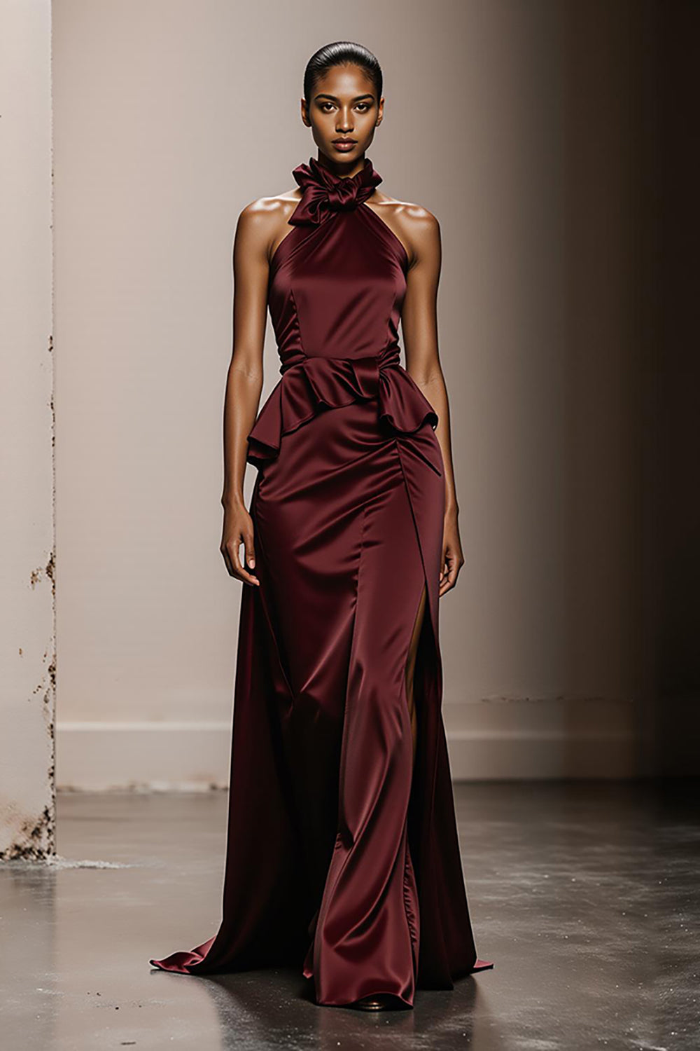 Simple Burgundy Satin Halter Neck Long Formal Dress with Ruffles
