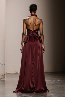 Simple Burgundy Satin Halter Neck Long Formal Dress with Ruffles
