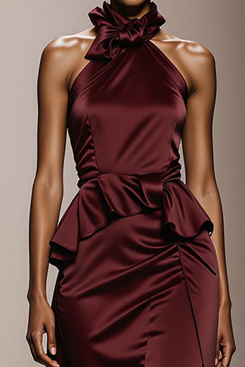 Simple Burgundy Satin Halter Neck Long Formal Dress with Ruffles