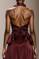 Load image into Gallery viewer, Simple Burgundy Satin Halter Neck Long Formal Dress with Ruffles