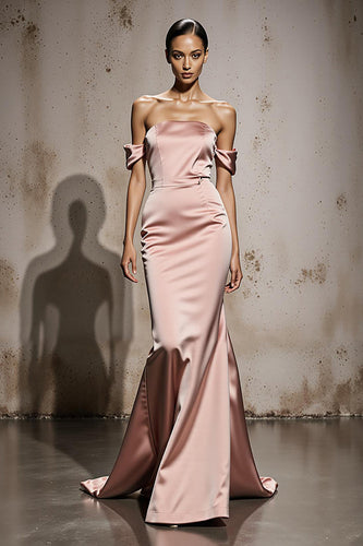 Light Pink Mermaid Satin Off the Shoulder Backless Long Formal Dress