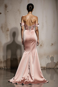 Light Pink Mermaid Satin Off the Shoulder Backless Long Formal Dress