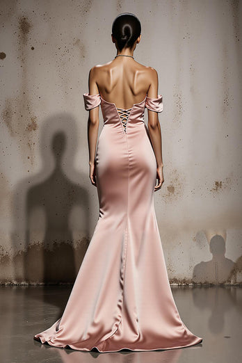 Light Pink Mermaid Satin Off the Shoulder Backless Long Formal Dress