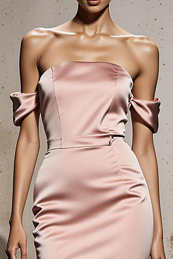 Light Pink Mermaid Satin Off the Shoulder Backless Long Formal Dress