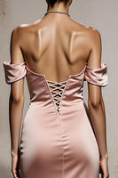 Load image into Gallery viewer, Light Pink Mermaid Satin Off the Shoulder Backless Long Formal Dress