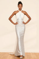 Load image into Gallery viewer, Sparkly White Sequins Mermaid Halter Long Formal Dress
