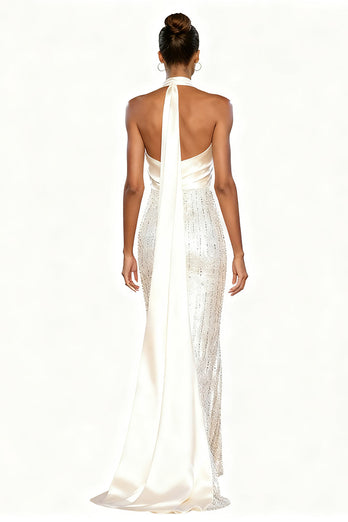 Sparkly White Sequins Mermaid Halter Long Formal Dress