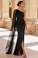 Load image into Gallery viewer, Black Satin One Shoulder Mermaid Long Formal Dress with Slit