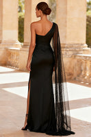 Load image into Gallery viewer, Black Satin One Shoulder Mermaid Long Formal Dress with Slit