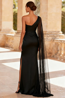 Black Satin One Shoulder Mermaid Long Formal Dress with Slit