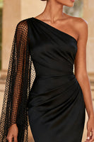Load image into Gallery viewer, Black Satin One Shoulder Mermaid Long Formal Dress with Slit