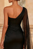 Load image into Gallery viewer, Black Satin One Shoulder Mermaid Long Formal Dress with Slit