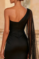 Load image into Gallery viewer, Black Satin One Shoulder Mermaid Long Formal Dress with Slit