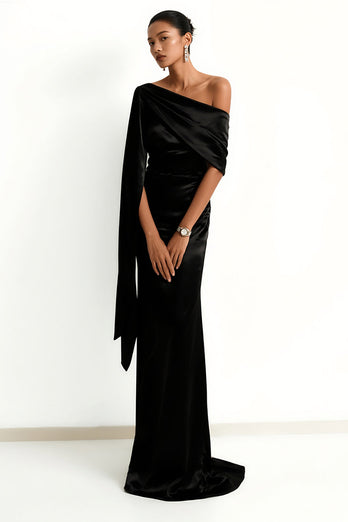 Black Satin Mermaid One Shoulder Long Formal Dress with Side Cape