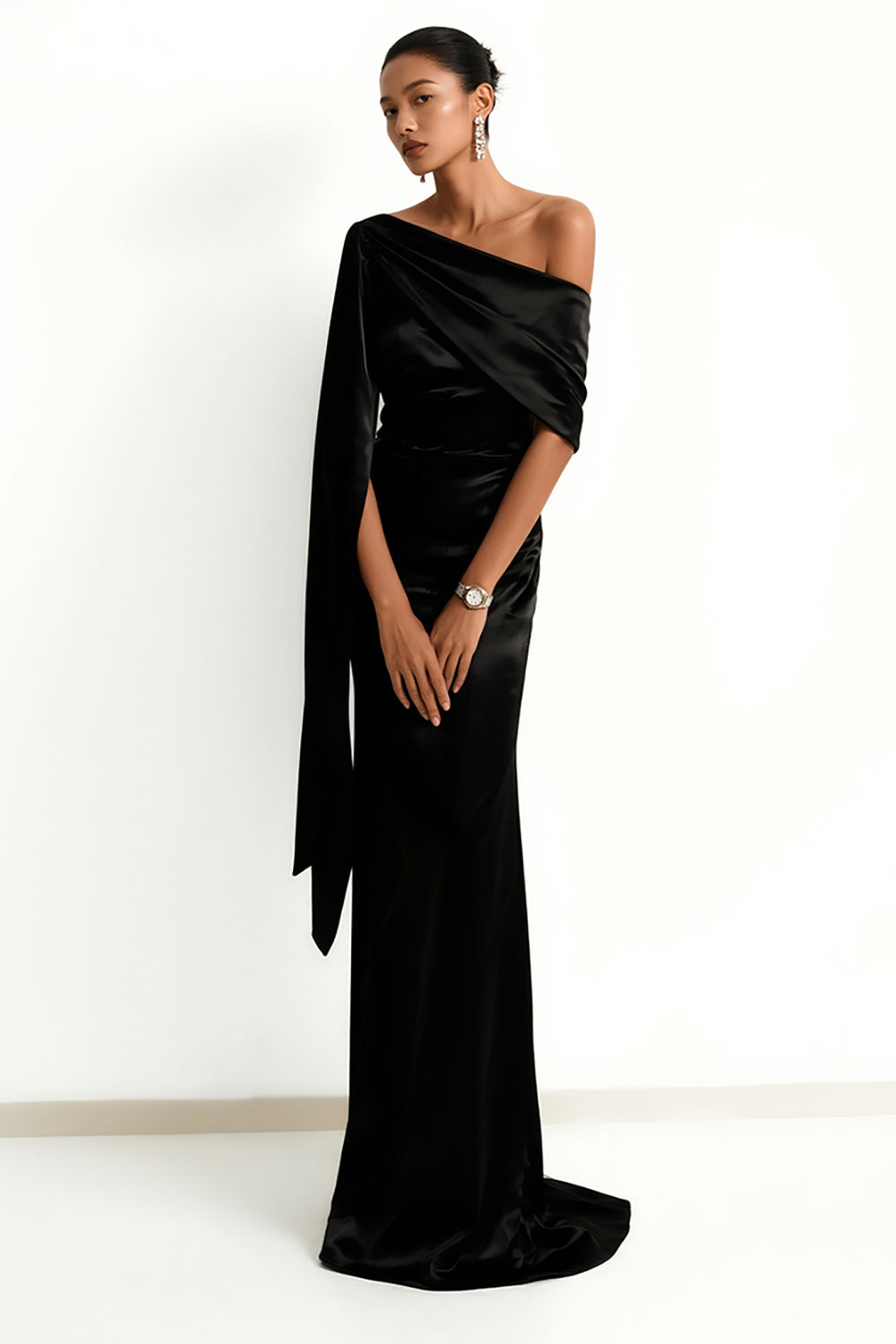 Black Satin Mermaid One Shoulder Long Formal Dress with Side Cape