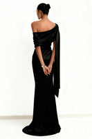 Load image into Gallery viewer, Black Satin Mermaid One Shoulder Long Formal Dress with Side Cape