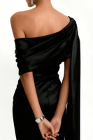 Load image into Gallery viewer, Black Satin Mermaid One Shoulder Long Formal Dress with Side Cape