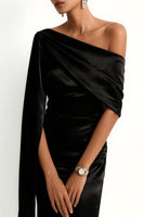 Load image into Gallery viewer, Black Satin Mermaid One Shoulder Long Formal Dress with Side Cape
