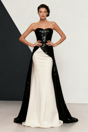 Sparkly Black and White Mermaid Strapless Sequins Long Formal Dress