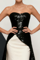 Load image into Gallery viewer, Sparkly Black and White Mermaid Strapless Sequins Long Formal Dress