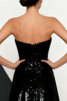 Load image into Gallery viewer, Sparkly Black and White Mermaid Strapless Sequins Long Formal Dress