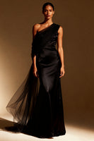 Load image into Gallery viewer, Sky Blue One Shoulder Satin Mermaid Long Formal Dress with Side Cape