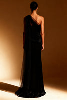 Load image into Gallery viewer, Sky Blue One Shoulder Satin Mermaid Long Formal Dress with Side Cape