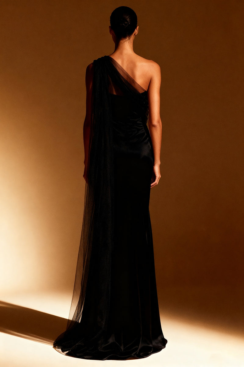 Load image into Gallery viewer, Sky Blue One Shoulder Satin Mermaid Long Formal Dress with Side Cape