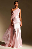 Load image into Gallery viewer, Sky Blue One Shoulder Satin Mermaid Long Formal Dress with Side Cape