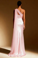 Load image into Gallery viewer, Sky Blue One Shoulder Satin Mermaid Long Formal Dress with Side Cape