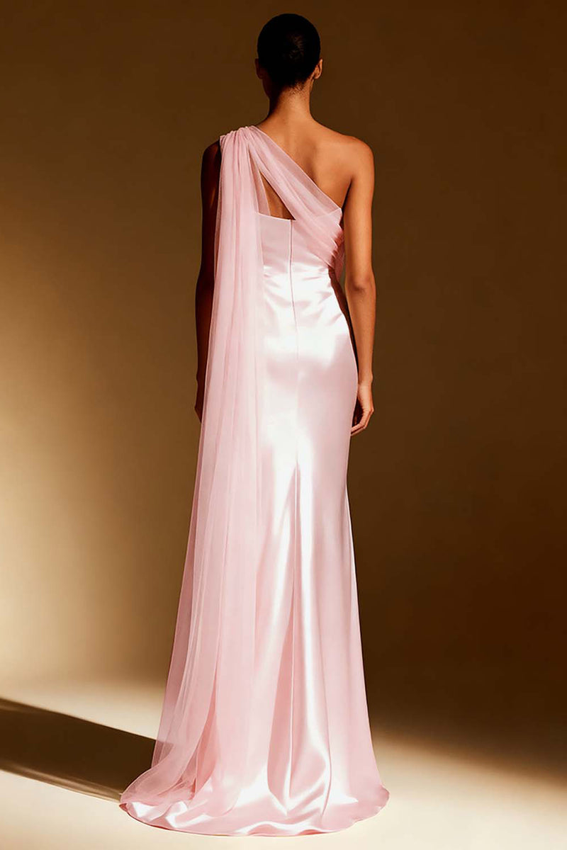 Load image into Gallery viewer, Sky Blue One Shoulder Satin Mermaid Long Formal Dress with Side Cape