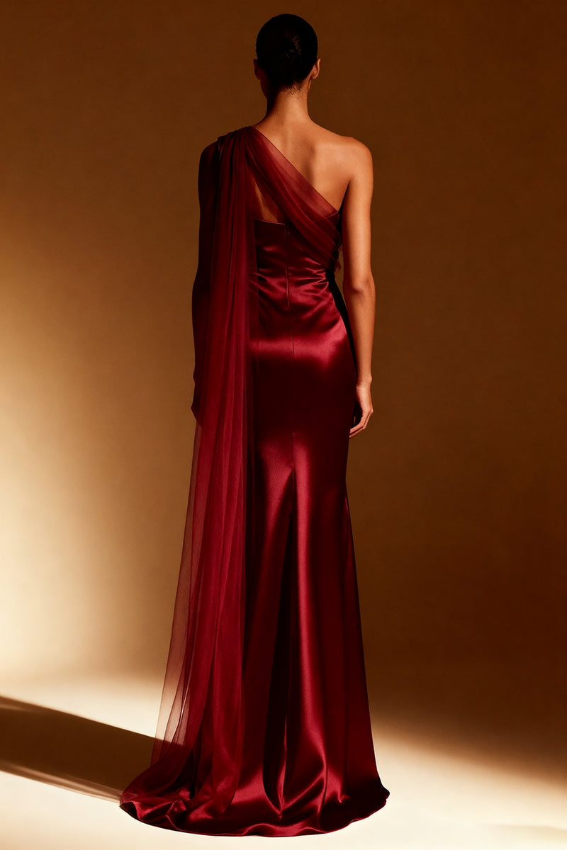 Load image into Gallery viewer, Sky Blue One Shoulder Satin Mermaid Long Formal Dress with Side Cape