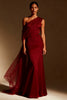 Load image into Gallery viewer, Sky Blue One Shoulder Satin Mermaid Long Formal Dress with Side Cape