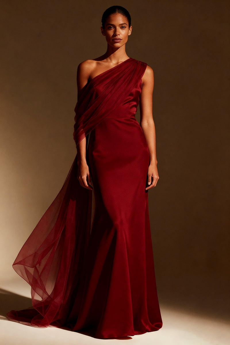 Load image into Gallery viewer, Sky Blue One Shoulder Satin Mermaid Long Formal Dress with Side Cape