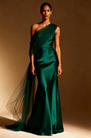 Load image into Gallery viewer, Sky Blue One Shoulder Satin Mermaid Long Formal Dress with Side Cape