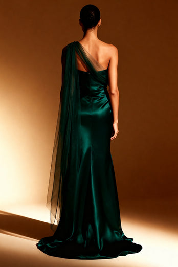 Sky Blue One Shoulder Satin Mermaid Long Formal Dress with Side Cape