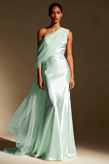 White Mermaid One Shoulder Satin Long Formal Dress with Side Cape