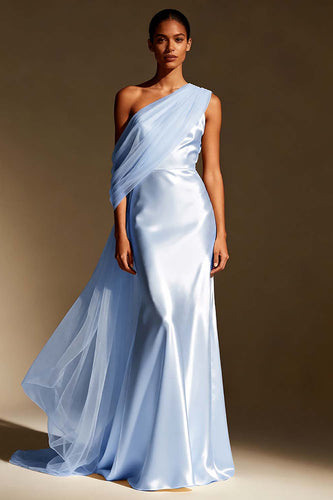 Sky Blue One Shoulder Satin Mermaid Long Formal Dress with Side Cape