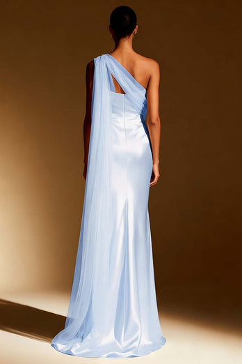 Sky Blue One Shoulder Satin Mermaid Long Formal Dress with Side Cape