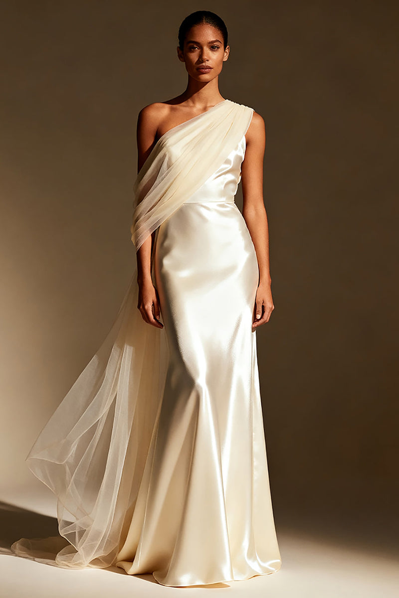Load image into Gallery viewer, White Mermaid One Shoulder Satin Long Formal Dress with Side Cape