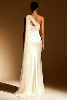 White Mermaid One Shoulder Satin Long Formal Dress with Side Cape